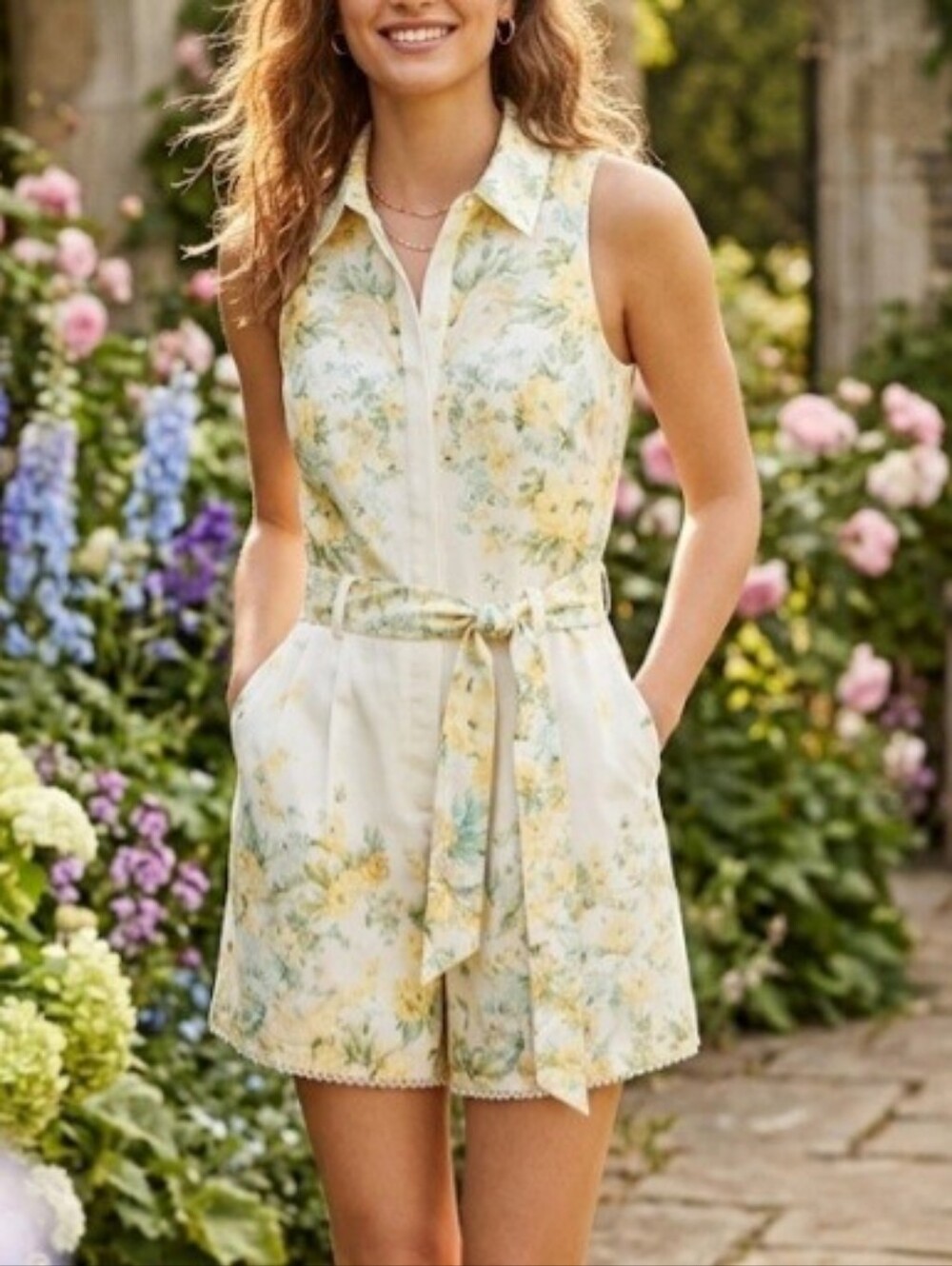 ANTONIO MELANI Sleeveless Floral Belted Mini Pockets Jumper Cotton Size 10